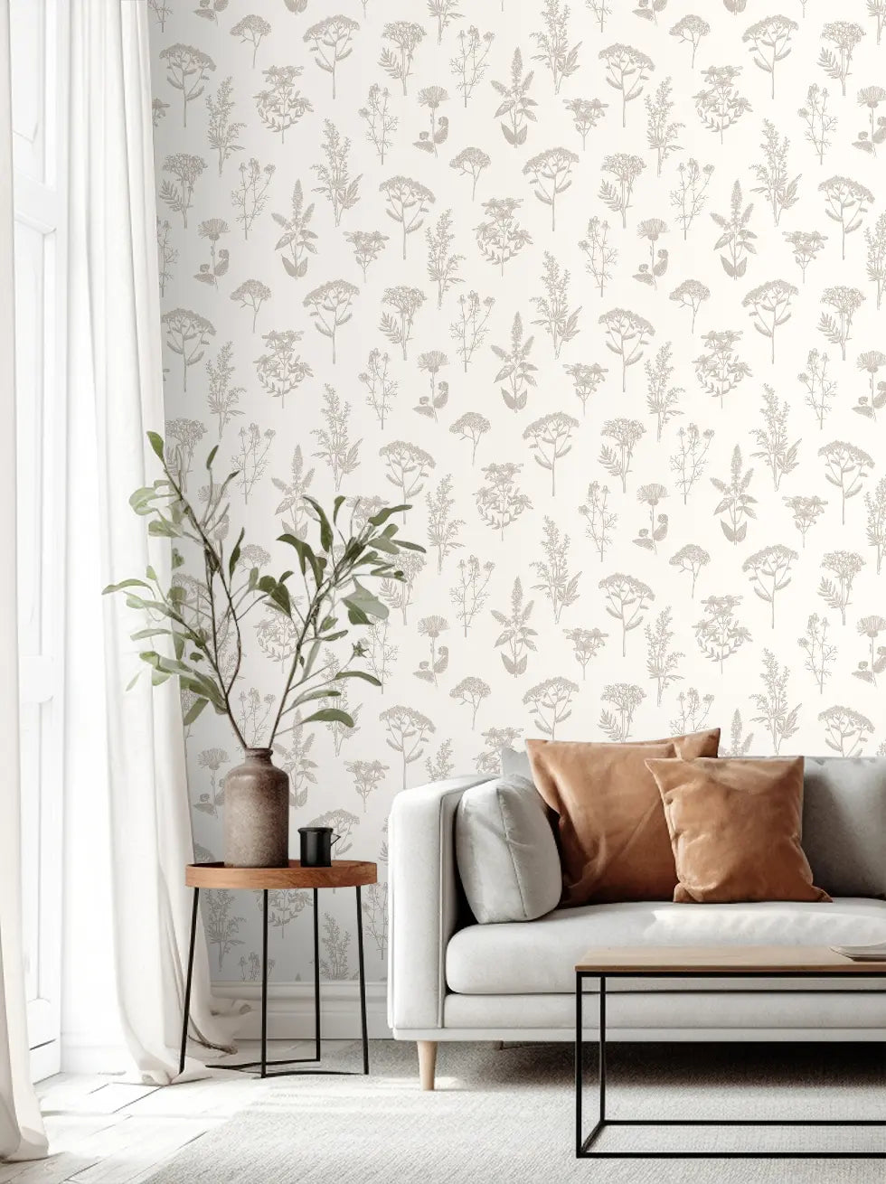 Papel Pintado Botánico con Flores y Hojas