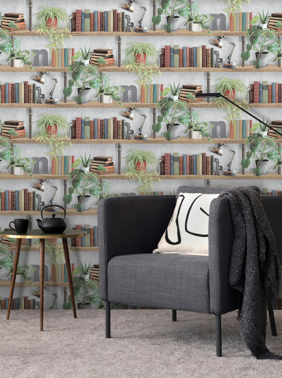 Papel Pintado Estanterías Industriales con Libros y Plantas