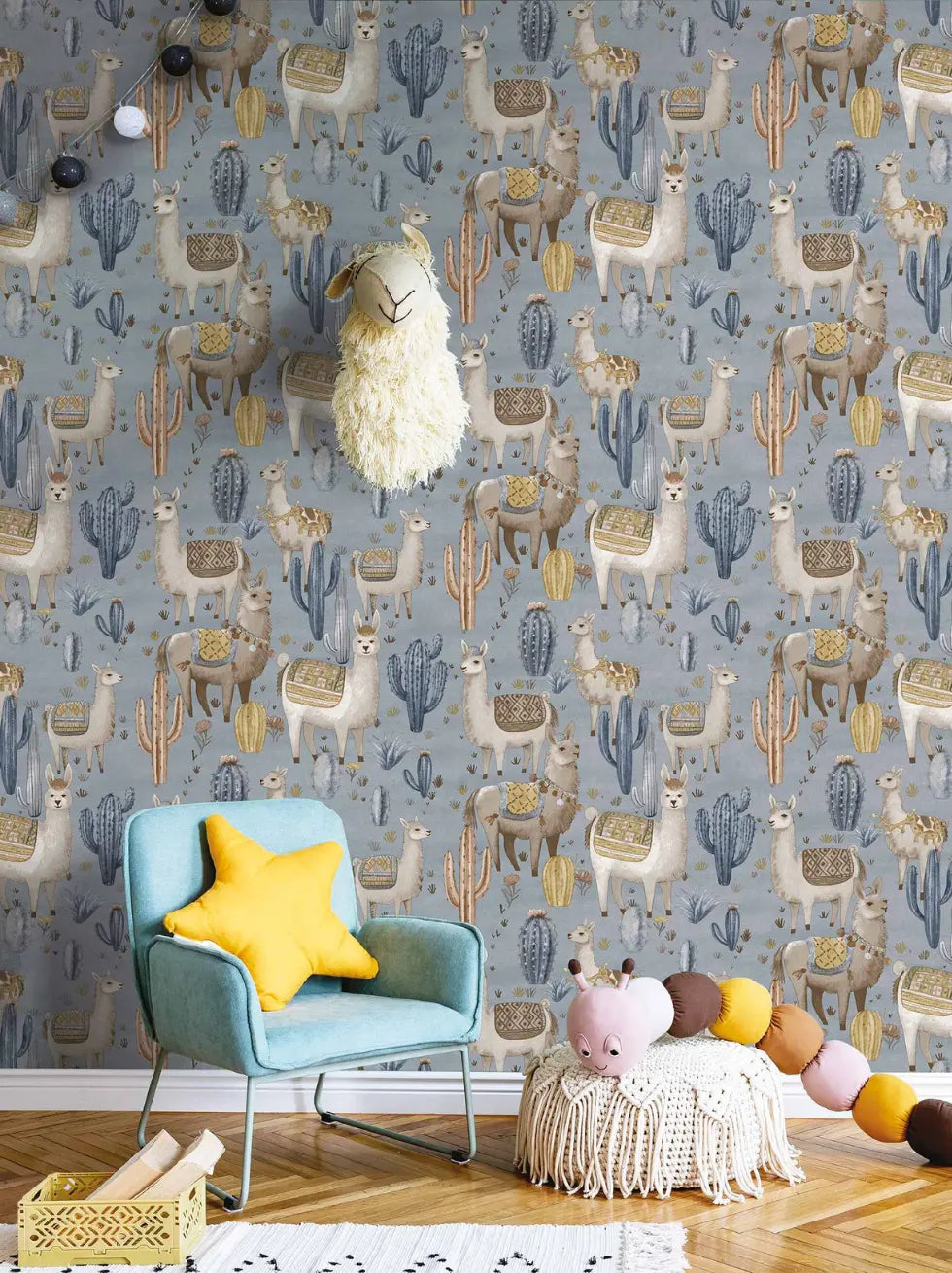 Papel Pintado Infantil con Llamas y Cactus