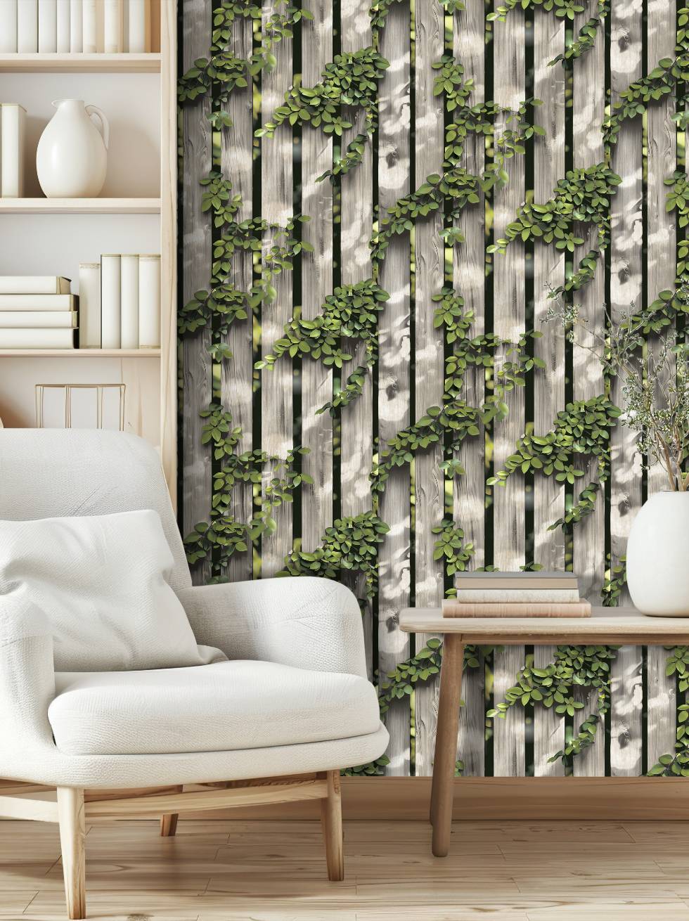 Papel Pintado Madera con Enredadera Verde