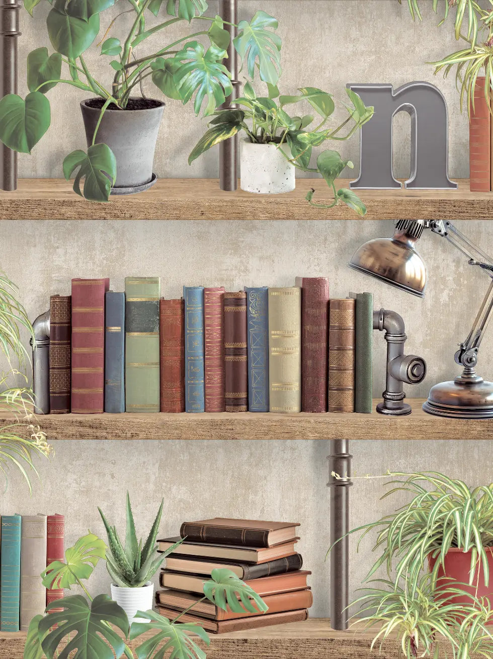 Papel Pintado Estanterías Industriales con Libros y Plantas