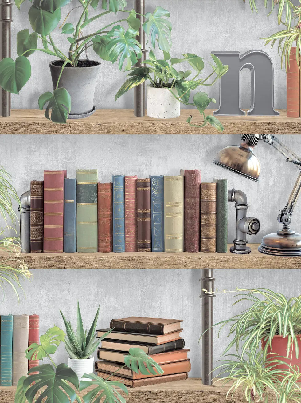 Papel Pintado Estanterías Industriales con Libros y Plantas
