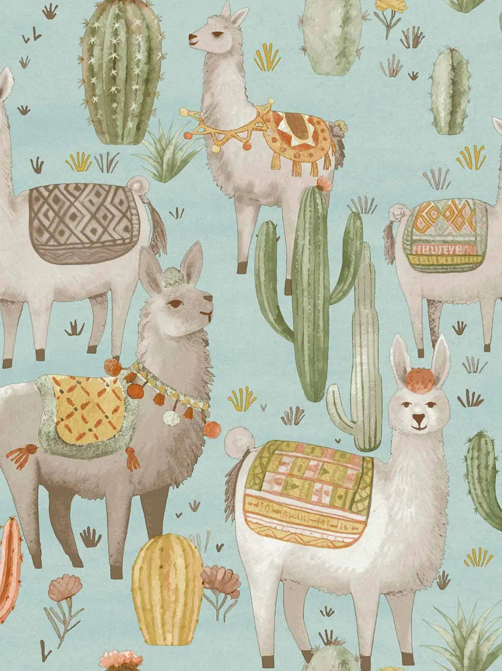 Papel Pintado Infantil con Llamas y Cactus